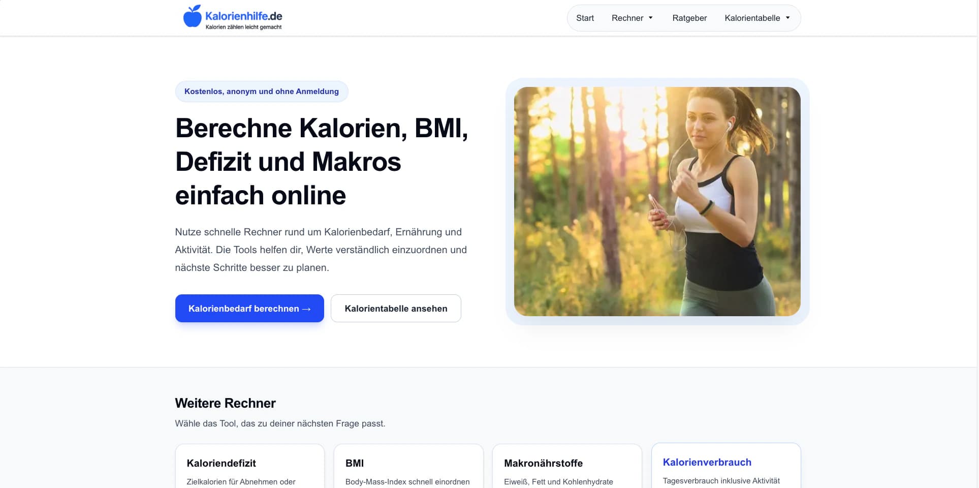 Aktuelle Startseite der Kalorienhilfe Ernährungs-Webapp
