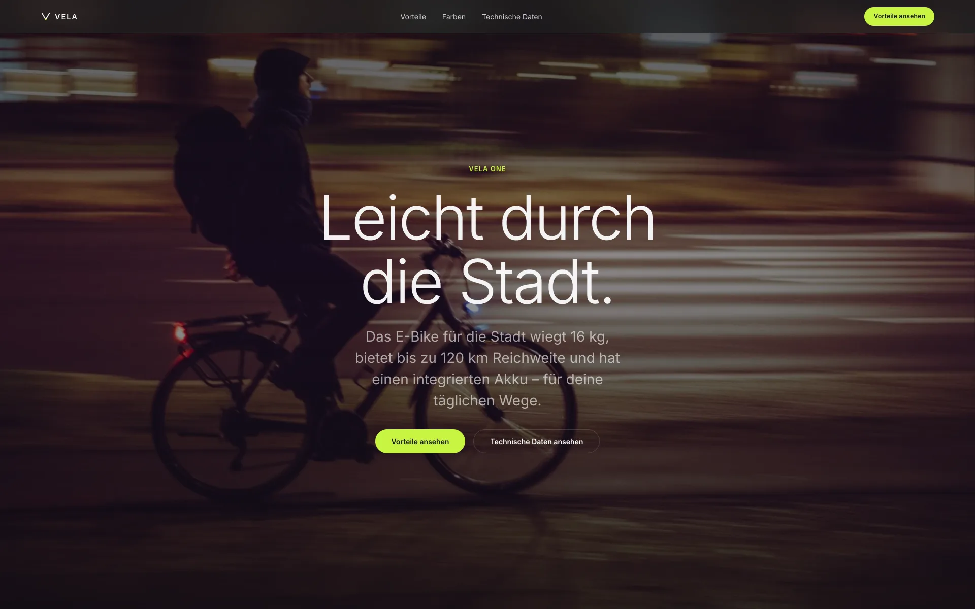 Startseite der Velva One E-Bike Produktwebsite