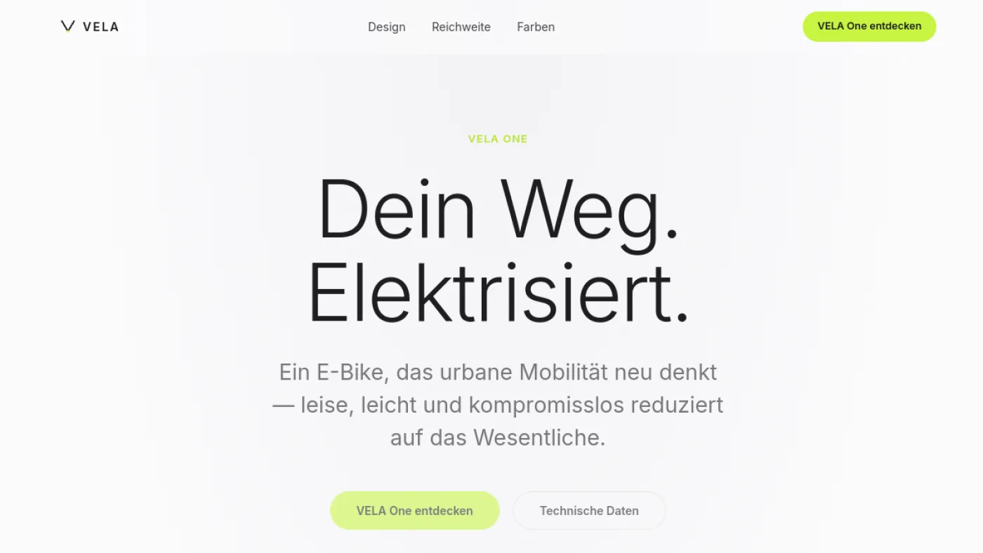 VELA One Landingpage mit minimaler Navigation und großem Produkt-Hero